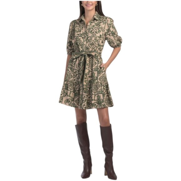 LEA Short Sleeve Tile Print Mini Dress With Belt - Picture 1 of 3